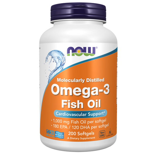 NOW Omega-3 Olio di pesce, distillato molecolarmente 200 capsule molli