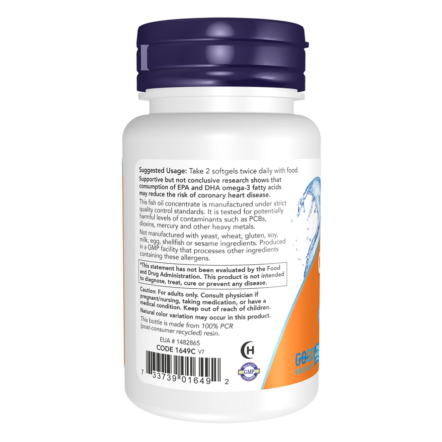 NOW Omega-3 Olio di pesce, distillato molecolarmente 200 capsule molli