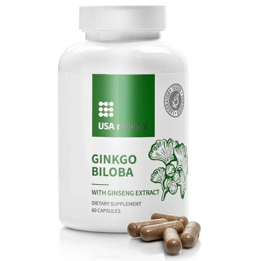 Capsule USA Medical Ginkgo Biloba con estratto di ginseng, 60 pezzi, per la freschezza mentale e il supporto di un normale sistema circolatorio